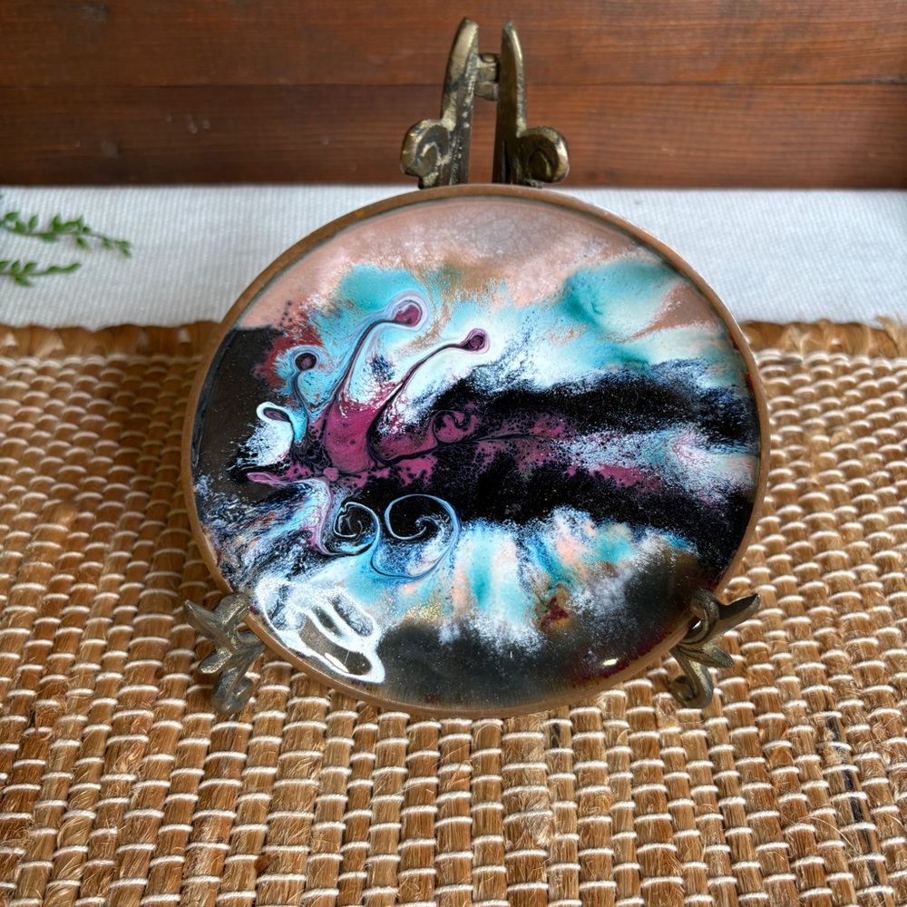 Vintage MCM Artist Signed 71 Oslo Norway Enamel and Copper 4.5" Decorative Plate